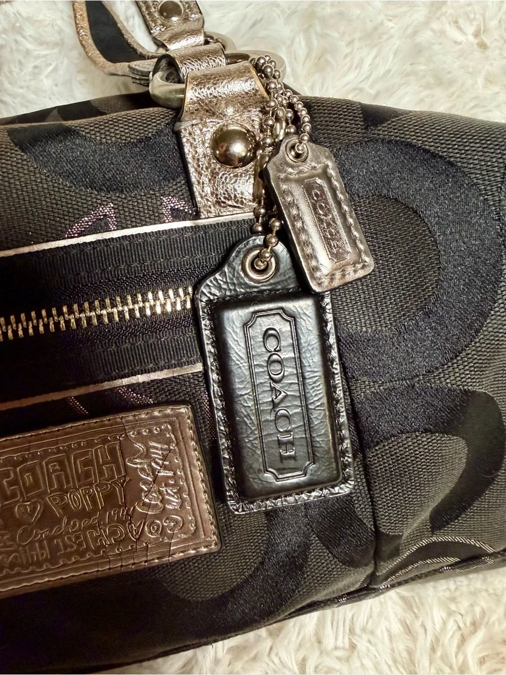 Coach Poppy Y2K Black Metallic Silver Glam Signature Canvas Tote Shoulder Bag